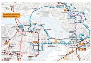 Mapa řešení dopravy po uzavření Libeňského mostu, platné od 29.1.2018