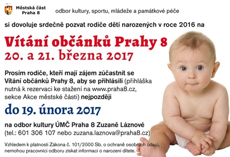 Vítání občanků Prahy 8, 20. a 21. března 2017, obřadní síň Libeňského zámku
