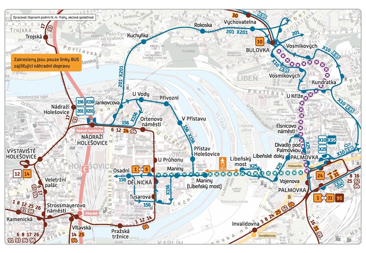 Mapa řešení dopravy po uzavření Libeňského mostu, platné od 29.1.2018