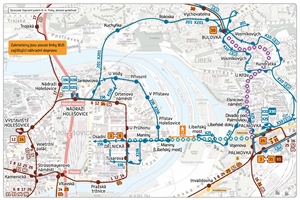 Mapa řešení dopravy po uzavření Libeňského mostu, platné od 29.1.2018